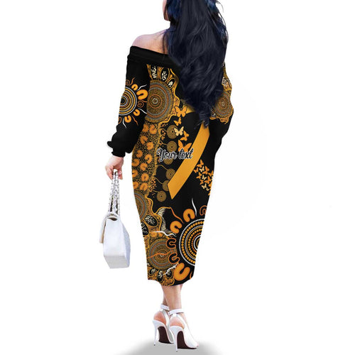Childhood Cancer Awareness Personalised Family Matching Off The Shoulder Long Sleeve Dress and Hawaiian Shirt Aboriginal Ribbon Dot Painting