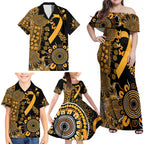 Childhood Cancer Awareness Personalised Family Matching Off Shoulder Maxi Dress and Hawaiian Shirt Aboriginal Ribbon Dot Painting