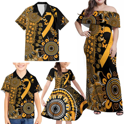 Childhood Cancer Awareness Personalised Family Matching Off Shoulder Maxi Dress and Hawaiian Shirt Aboriginal Ribbon Dot Painting