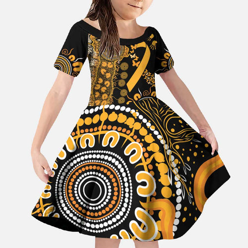 Childhood Cancer Awareness Personalised Family Matching Off Shoulder Maxi Dress and Hawaiian Shirt Aboriginal Ribbon Dot Painting