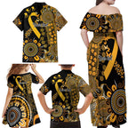 Childhood Cancer Awareness Personalised Family Matching Off Shoulder Maxi Dress and Hawaiian Shirt Aboriginal Ribbon Dot Painting
