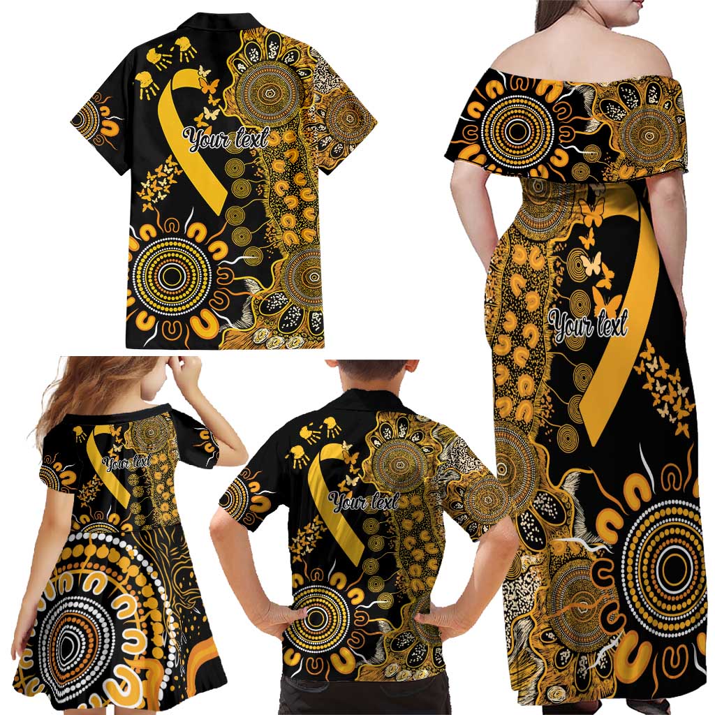 Childhood Cancer Awareness Personalised Family Matching Off Shoulder Maxi Dress and Hawaiian Shirt Aboriginal Ribbon Dot Painting
