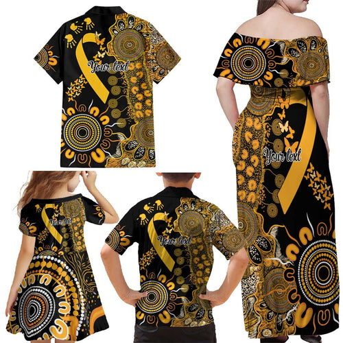Childhood Cancer Awareness Personalised Family Matching Off Shoulder Maxi Dress and Hawaiian Shirt Aboriginal Ribbon Dot Painting