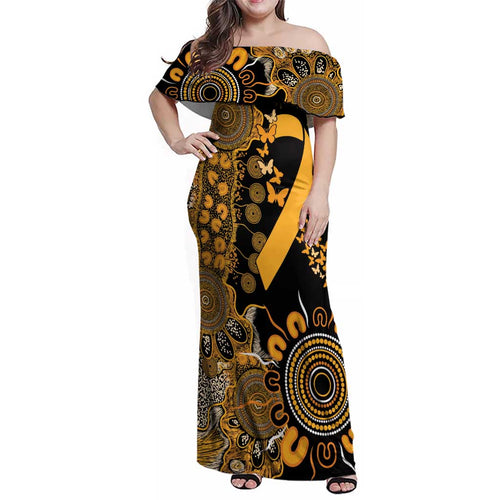 Childhood Cancer Awareness Personalised Family Matching Off Shoulder Maxi Dress and Hawaiian Shirt Aboriginal Ribbon Dot Painting