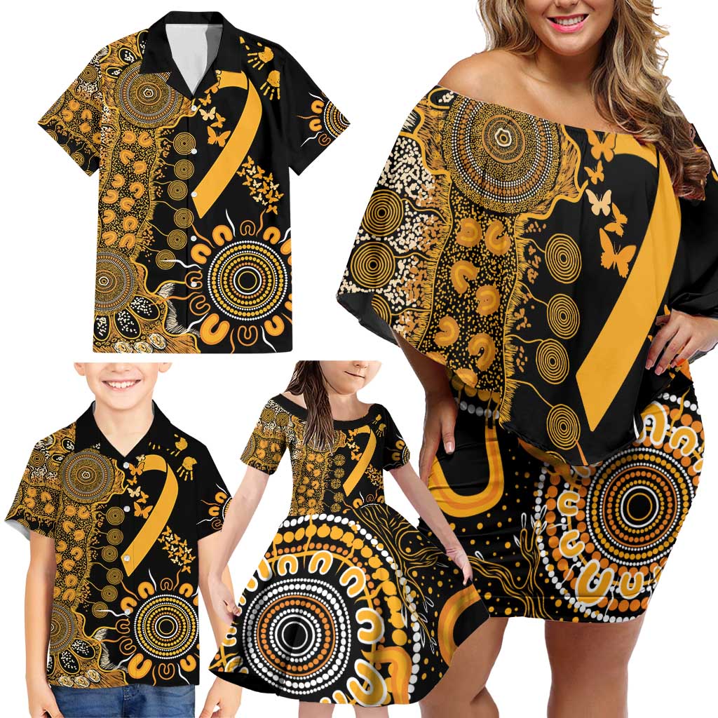Childhood Cancer Awareness Personalised Family Matching Off Shoulder Short Dress and Hawaiian Shirt Aboriginal Ribbon Dot Painting
