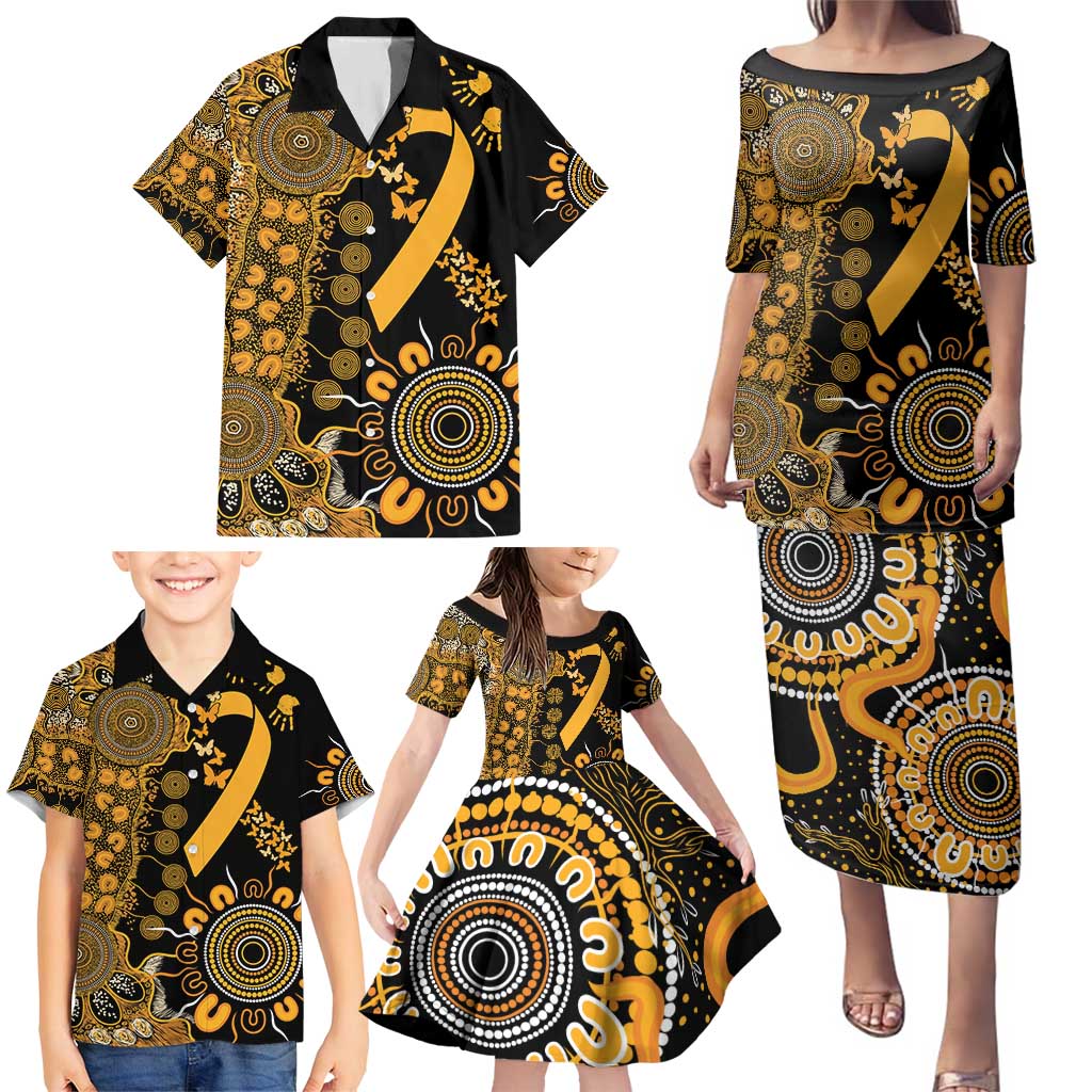Childhood Cancer Awareness Personalised Family Matching Puletasi and Hawaiian Shirt Aboriginal Ribbon Dot Painting
