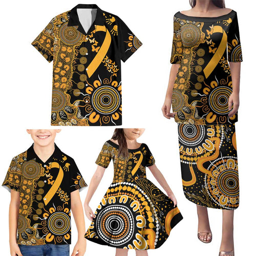 Childhood Cancer Awareness Personalised Family Matching Puletasi and Hawaiian Shirt Aboriginal Ribbon Dot Painting