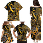 Childhood Cancer Awareness Personalised Family Matching Puletasi and Hawaiian Shirt Aboriginal Ribbon Dot Painting