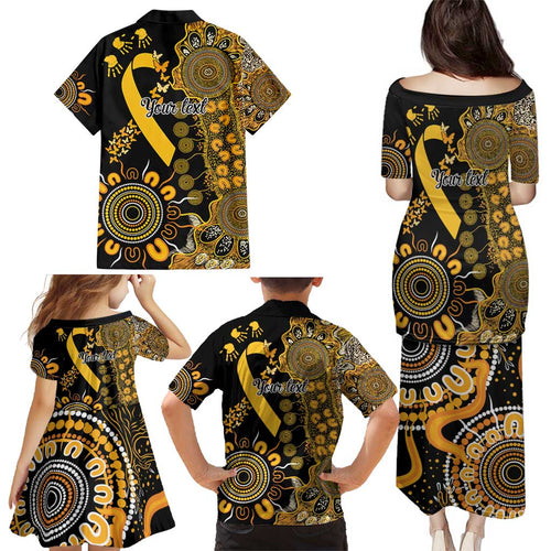 Childhood Cancer Awareness Personalised Family Matching Puletasi and Hawaiian Shirt Aboriginal Ribbon Dot Painting