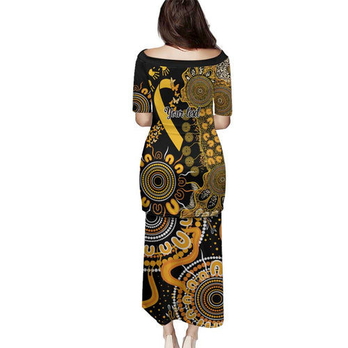 Childhood Cancer Awareness Personalised Family Matching Puletasi and Hawaiian Shirt Aboriginal Ribbon Dot Painting