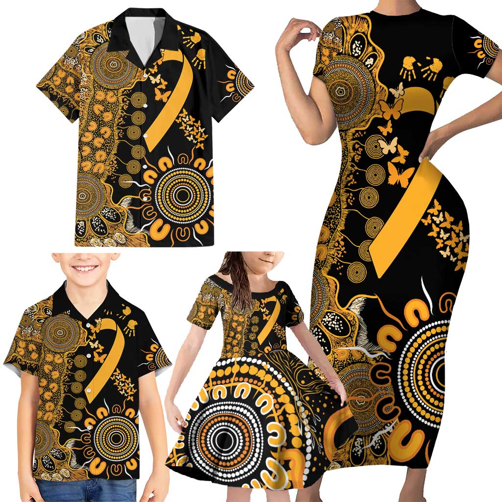 Childhood Cancer Awareness Personalised Family Matching Short Sleeve Bodycon Dress and Hawaiian Shirt Aboriginal Ribbon Dot Painting
