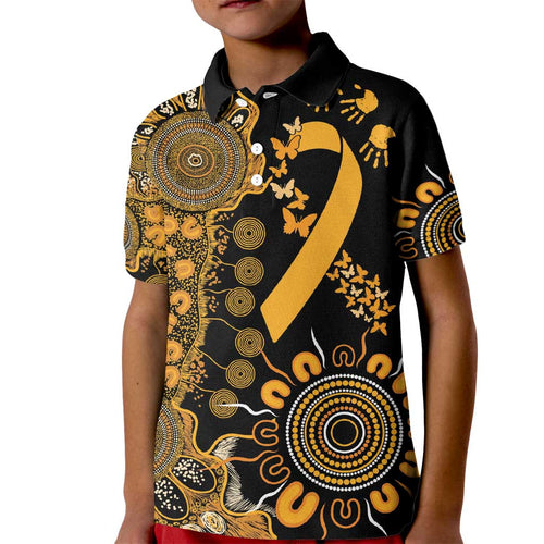 Childhood Cancer Awareness Personalised Kid Polo Shirt Aboriginal Ribbon Dot Painting