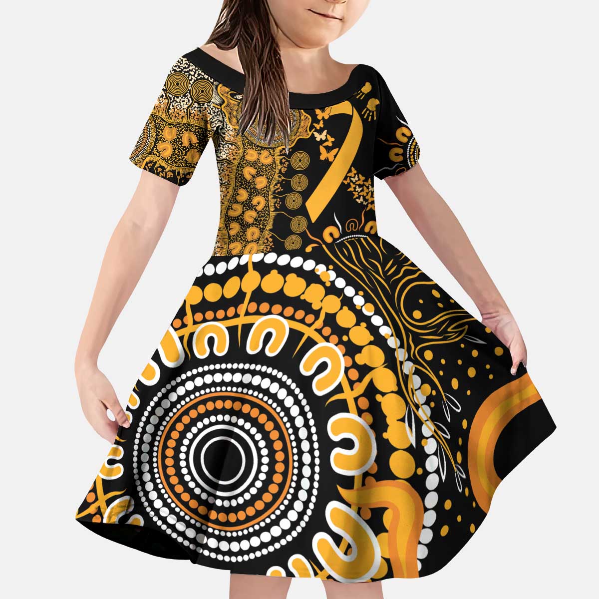 Childhood Cancer Awareness Personalised Kid Short Sleeve Dress Aboriginal Ribbon Dot Painting