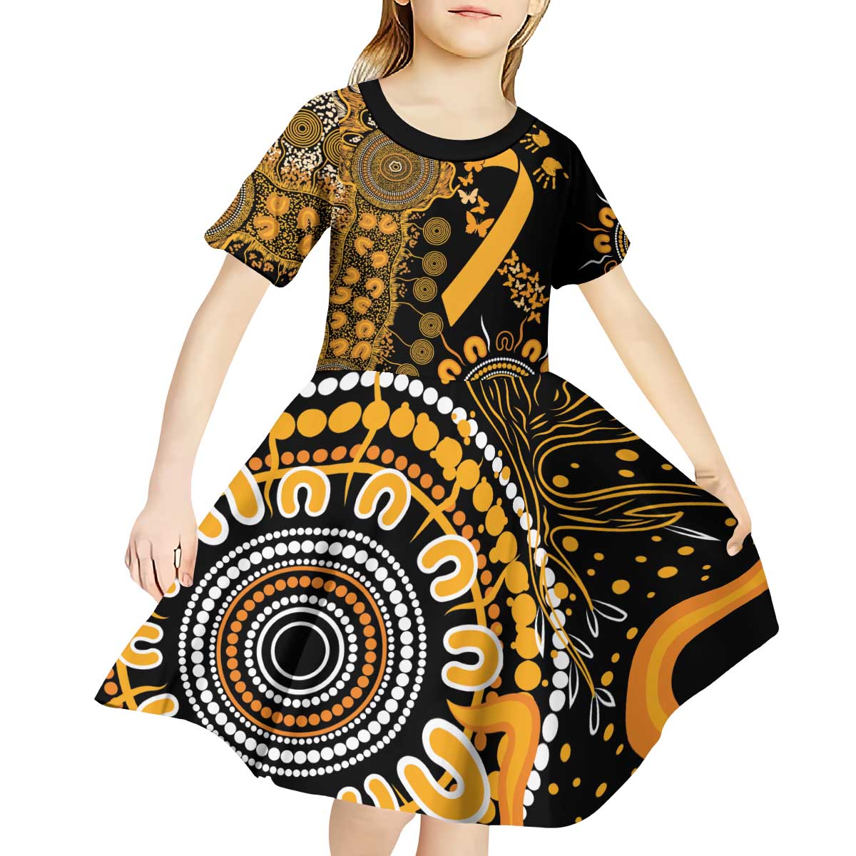 Childhood Cancer Awareness Personalised Kid Short Sleeve Dress Aboriginal Ribbon Dot Painting