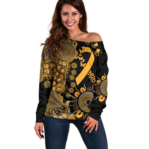Childhood Cancer Awareness Personalised Off Shoulder Sweater Aboriginal Ribbon Dot Painting