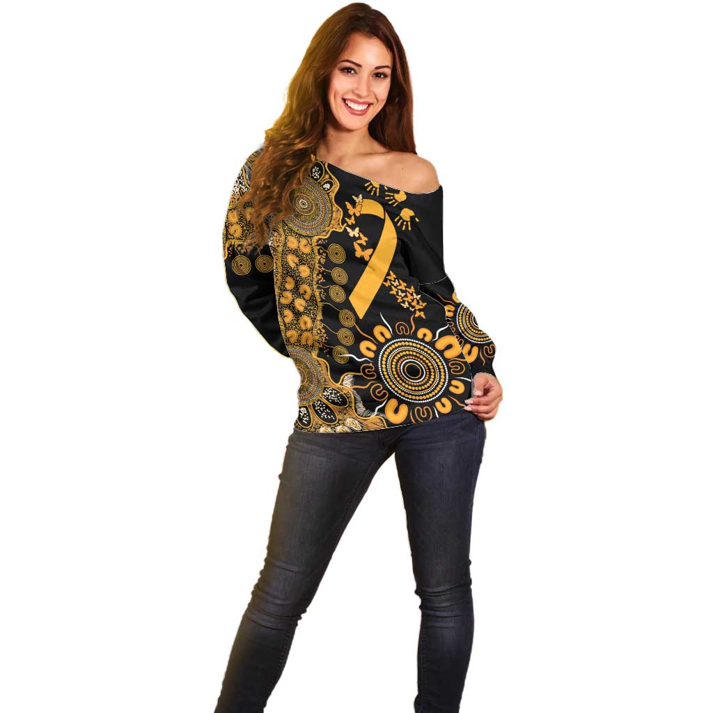 Childhood Cancer Awareness Personalised Off Shoulder Sweater Aboriginal Ribbon Dot Painting