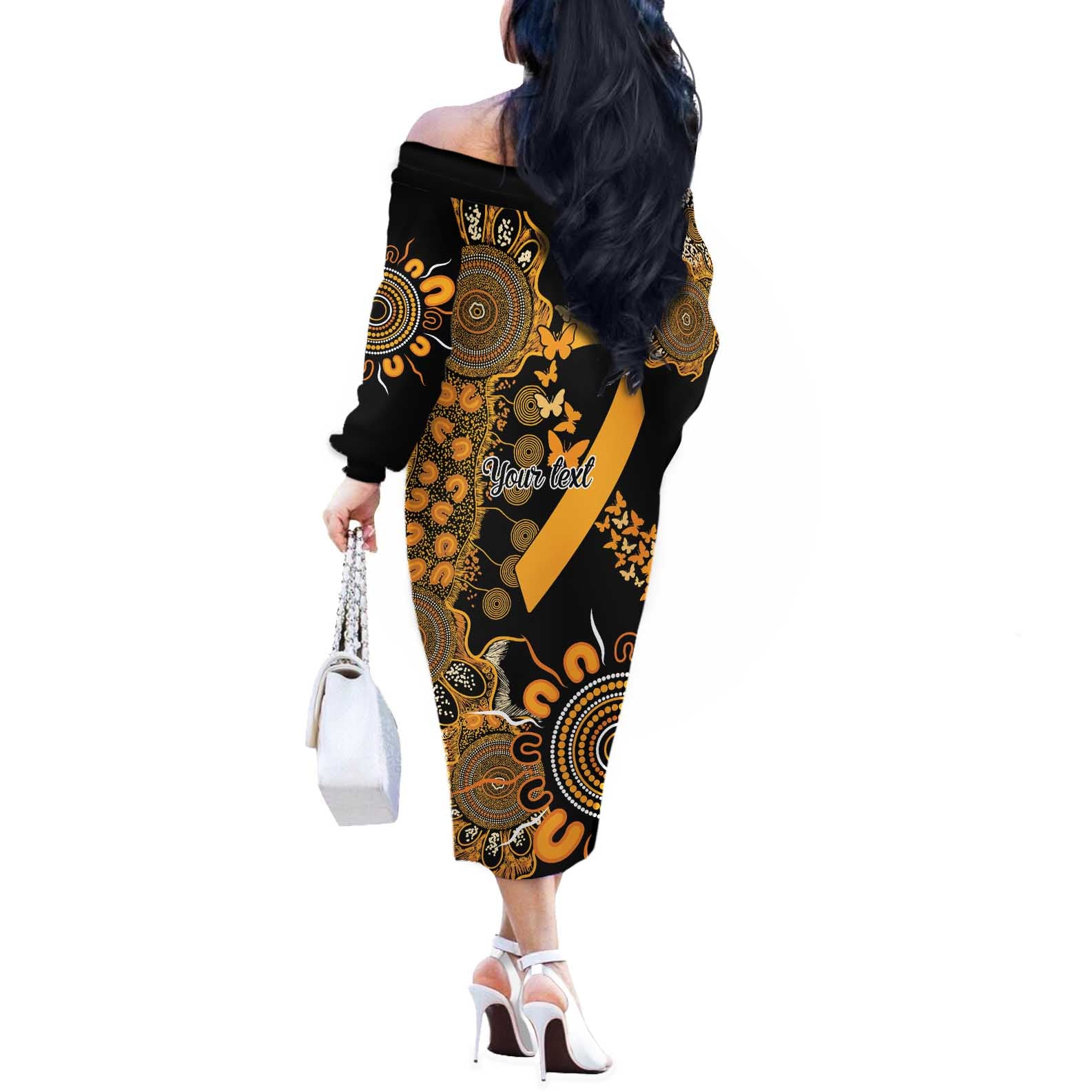 Childhood Cancer Awareness Personalised Off The Shoulder Long Sleeve Dress Aboriginal Ribbon Dot Painting