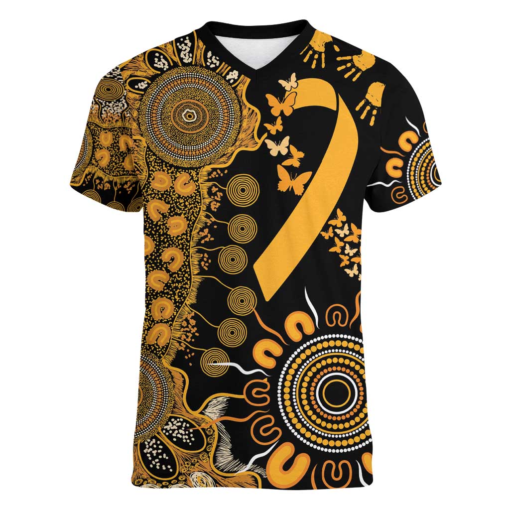 Childhood Cancer Awareness Personalised Women V-Neck T-Shirt Aboriginal Ribbon Dot Painting