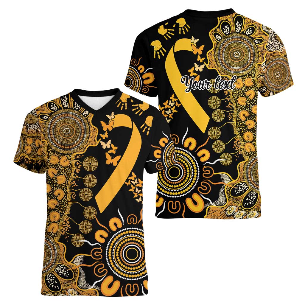 Childhood Cancer Awareness Personalised Women V-Neck T-Shirt Aboriginal Ribbon Dot Painting