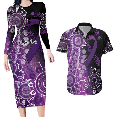 Domestic Violence Awareness Personalised Couples Matching Long Sleeve Bodycon Dress and Hawaiian Shirt Aboriginal Ribbon Dot Painting