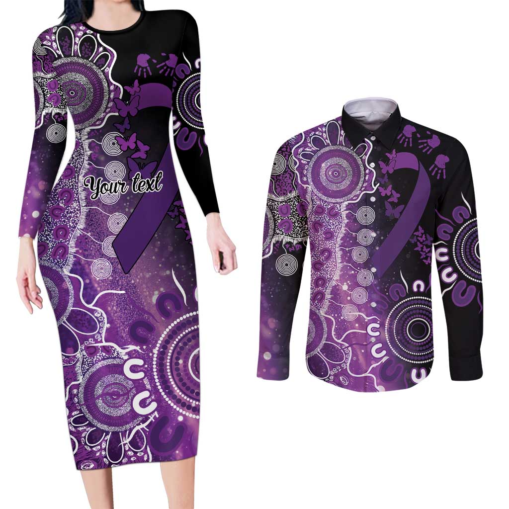 Domestic Violence Awareness Personalised Couples Matching Long Sleeve Bodycon Dress and Long Sleeve Button Shirt Aboriginal Ribbon Dot Painting