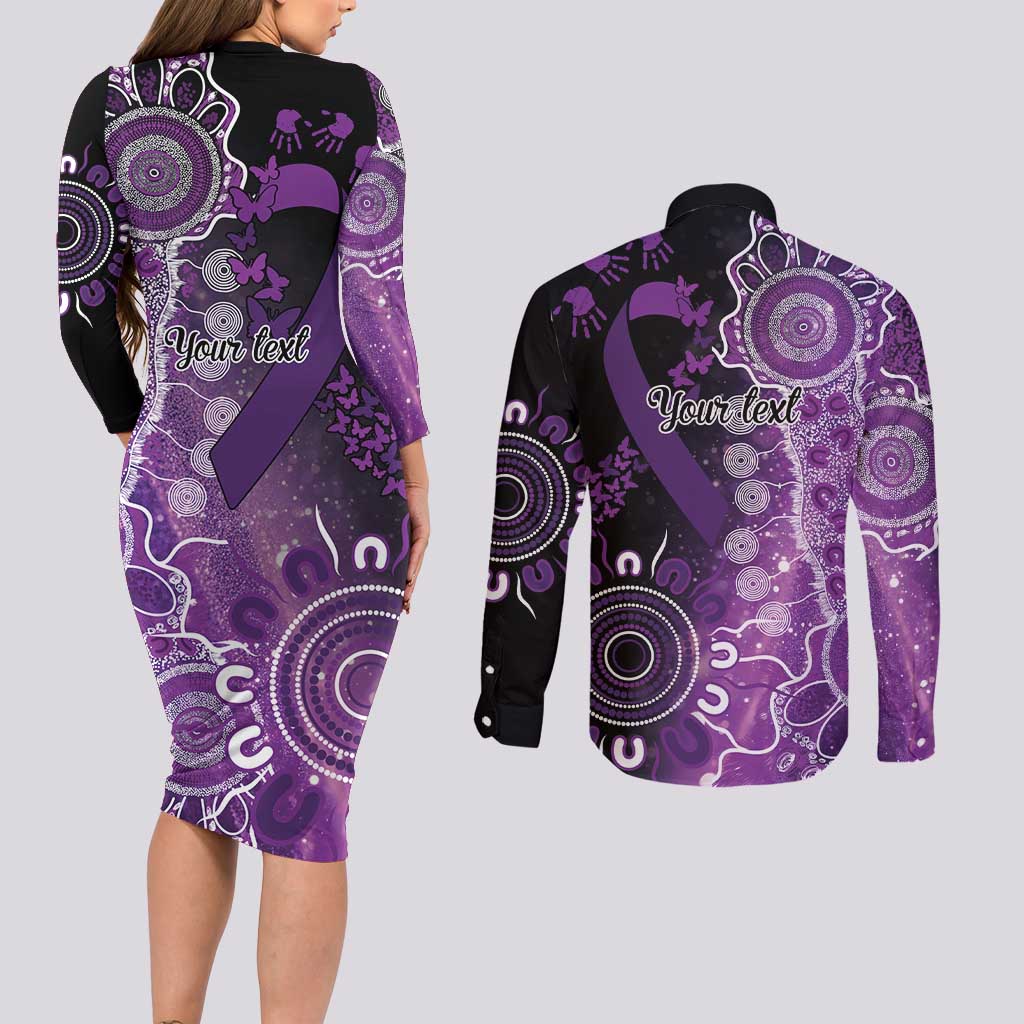 Domestic Violence Awareness Personalised Couples Matching Long Sleeve Bodycon Dress and Long Sleeve Button Shirt Aboriginal Ribbon Dot Painting