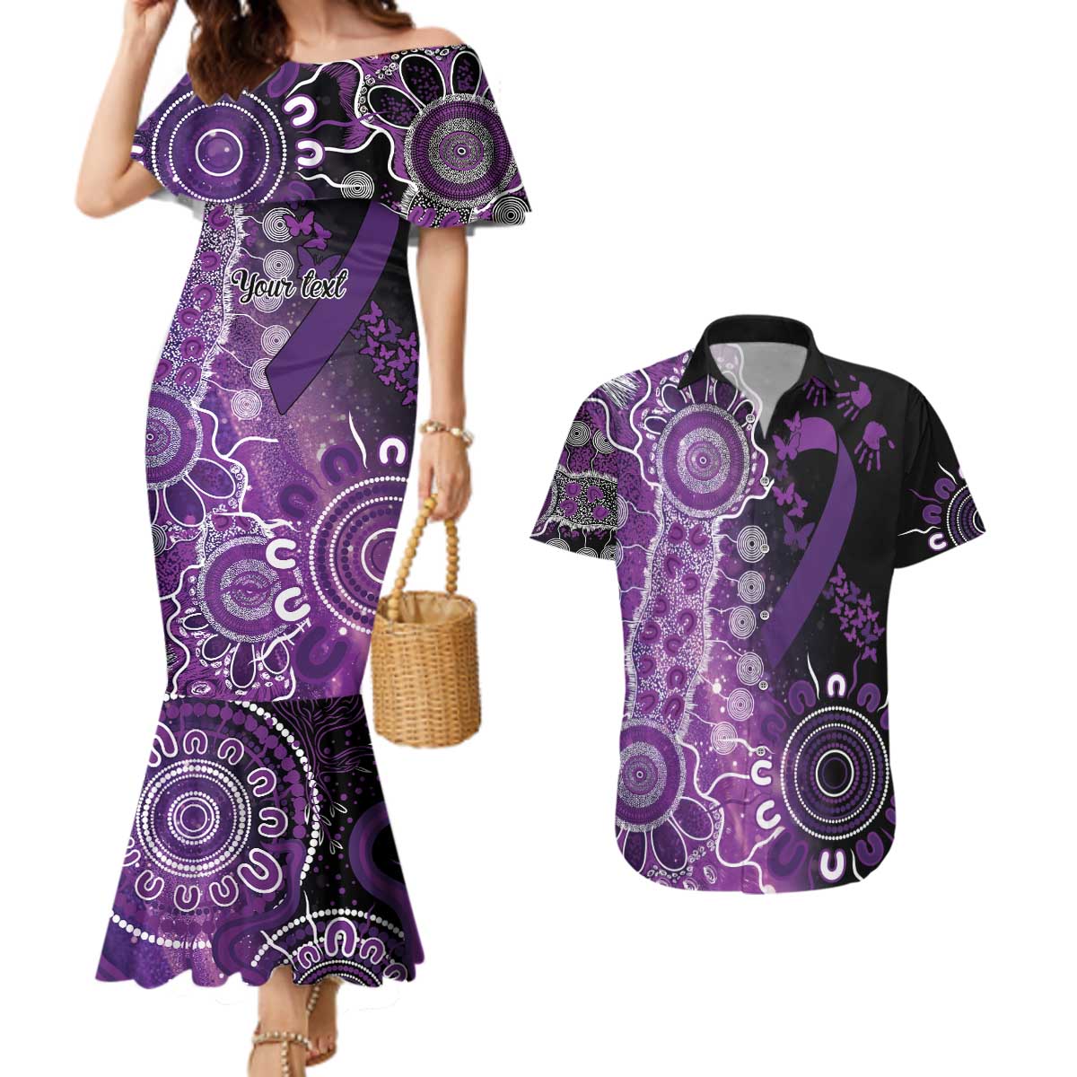 Domestic Violence Awareness Personalised Couples Matching Mermaid Dress and Hawaiian Shirt Aboriginal Ribbon Dot Painting