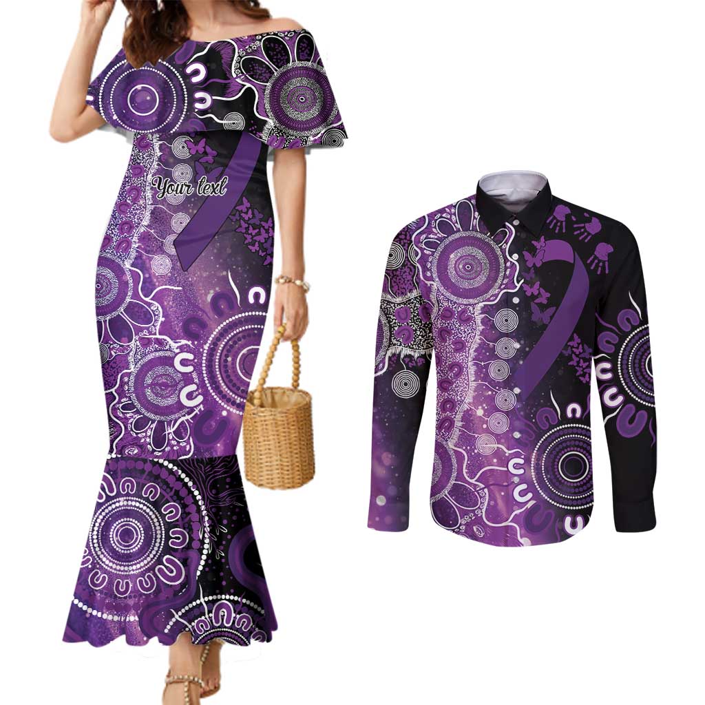 Domestic Violence Awareness Personalised Couples Matching Mermaid Dress and Long Sleeve Button Shirt Aboriginal Ribbon Dot Painting