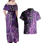 Domestic Violence Awareness Personalised Couples Matching Off Shoulder Maxi Dress and Hawaiian Shirt Aboriginal Ribbon Dot Painting