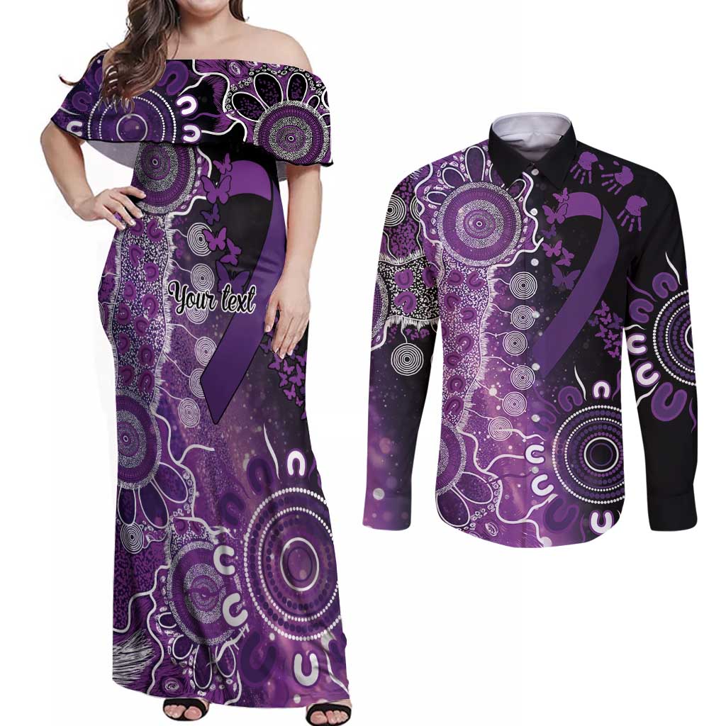 Domestic Violence Awareness Personalised Couples Matching Off Shoulder Maxi Dress and Long Sleeve Button Shirt Aboriginal Ribbon Dot Painting