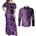 Domestic Violence Awareness Personalised Couples Matching Off Shoulder Maxi Dress and Long Sleeve Button Shirt Aboriginal Ribbon Dot Painting