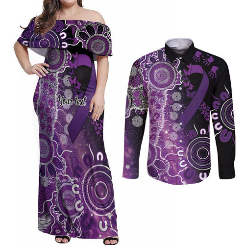 Domestic Violence Awareness Personalised Couples Matching Off Shoulder Maxi Dress and Long Sleeve Button Shirt Aboriginal Ribbon Dot Painting