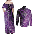 Domestic Violence Awareness Personalised Couples Matching Off Shoulder Maxi Dress and Long Sleeve Button Shirt Aboriginal Ribbon Dot Painting