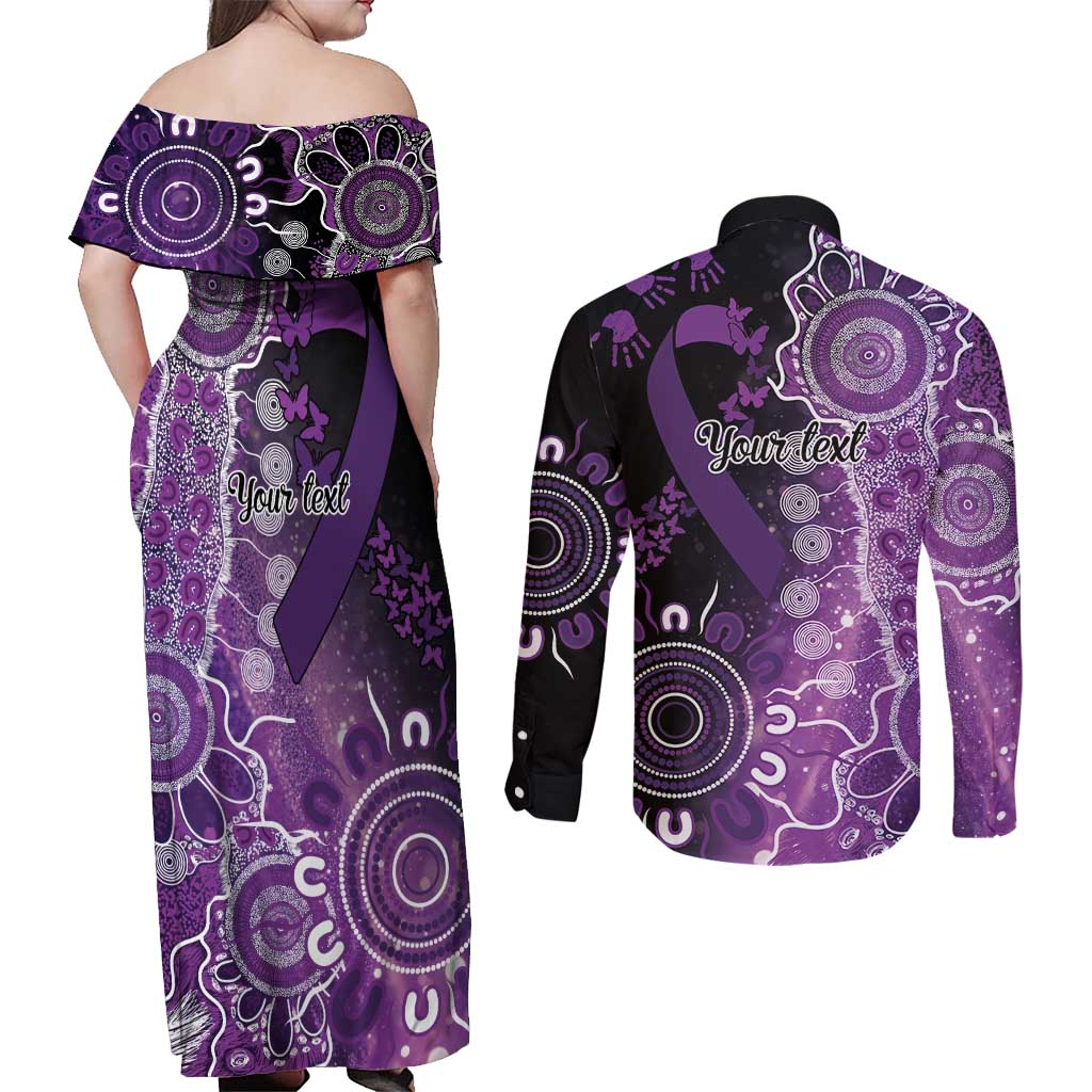 Domestic Violence Awareness Personalised Couples Matching Off Shoulder Maxi Dress and Long Sleeve Button Shirt Aboriginal Ribbon Dot Painting