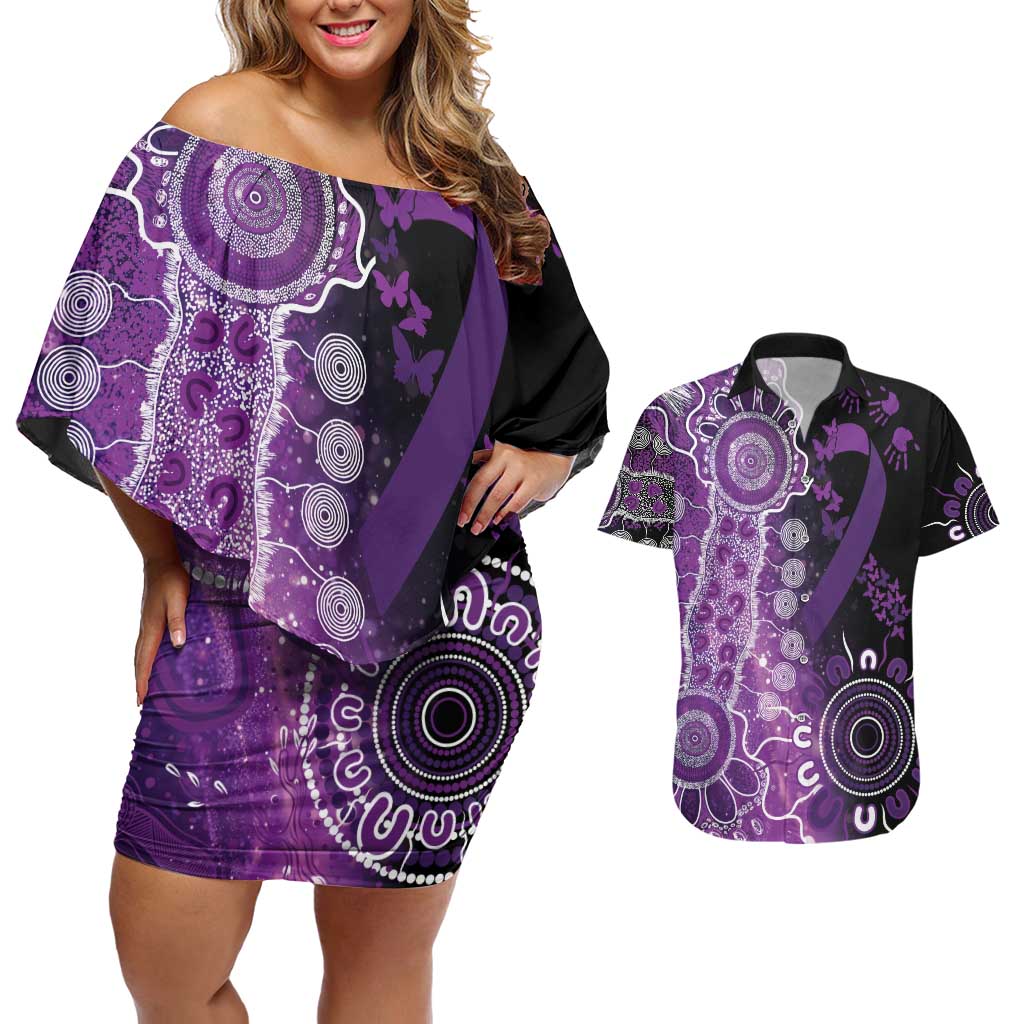 Domestic Violence Awareness Personalised Couples Matching Off Shoulder Short Dress and Hawaiian Shirt Aboriginal Ribbon Dot Painting