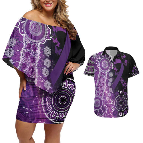 Domestic Violence Awareness Personalised Couples Matching Off Shoulder Short Dress and Hawaiian Shirt Aboriginal Ribbon Dot Painting