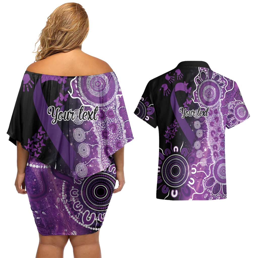 Domestic Violence Awareness Personalised Couples Matching Off Shoulder Short Dress and Hawaiian Shirt Aboriginal Ribbon Dot Painting