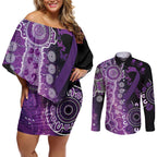 Domestic Violence Awareness Personalised Couples Matching Off Shoulder Short Dress and Long Sleeve Button Shirt Aboriginal Ribbon Dot Painting