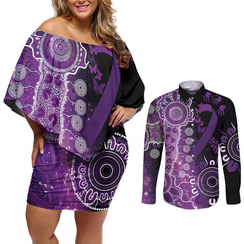 Domestic Violence Awareness Personalised Couples Matching Off Shoulder Short Dress and Long Sleeve Button Shirt Aboriginal Ribbon Dot Painting