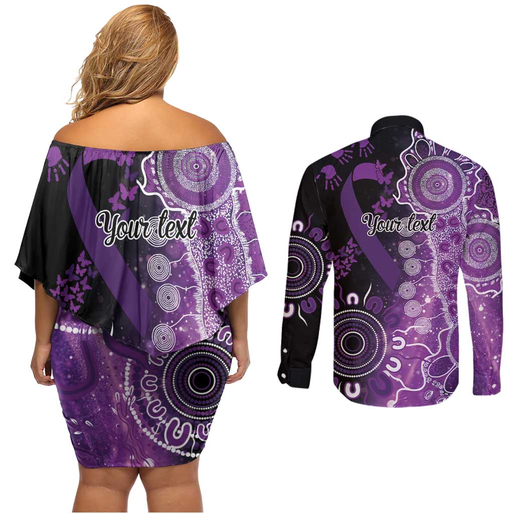 Domestic Violence Awareness Personalised Couples Matching Off Shoulder Short Dress and Long Sleeve Button Shirt Aboriginal Ribbon Dot Painting