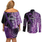 Domestic Violence Awareness Personalised Couples Matching Off Shoulder Short Dress and Long Sleeve Button Shirt Aboriginal Ribbon Dot Painting