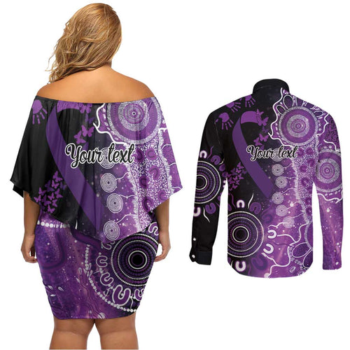 Domestic Violence Awareness Personalised Couples Matching Off Shoulder Short Dress and Long Sleeve Button Shirt Aboriginal Ribbon Dot Painting