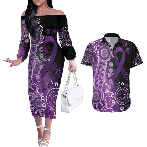 Domestic Violence Awareness Personalised Couples Matching Off The Shoulder Long Sleeve Dress and Hawaiian Shirt Aboriginal Ribbon Dot Painting