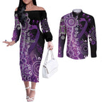 Domestic Violence Awareness Personalised Couples Matching Off The Shoulder Long Sleeve Dress and Long Sleeve Button Shirt Aboriginal Ribbon Dot Painting