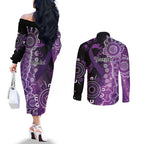 Domestic Violence Awareness Personalised Couples Matching Off The Shoulder Long Sleeve Dress and Long Sleeve Button Shirt Aboriginal Ribbon Dot Painting