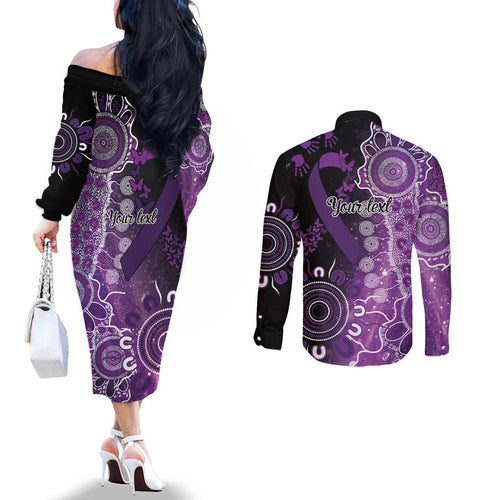 Domestic Violence Awareness Personalised Couples Matching Off The Shoulder Long Sleeve Dress and Long Sleeve Button Shirt Aboriginal Ribbon Dot Painting