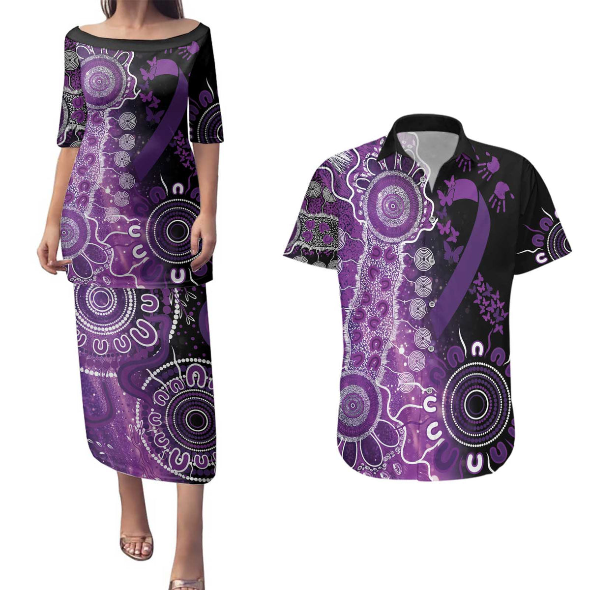 Domestic Violence Awareness Personalised Couples Matching Puletasi and Hawaiian Shirt Aboriginal Ribbon Dot Painting