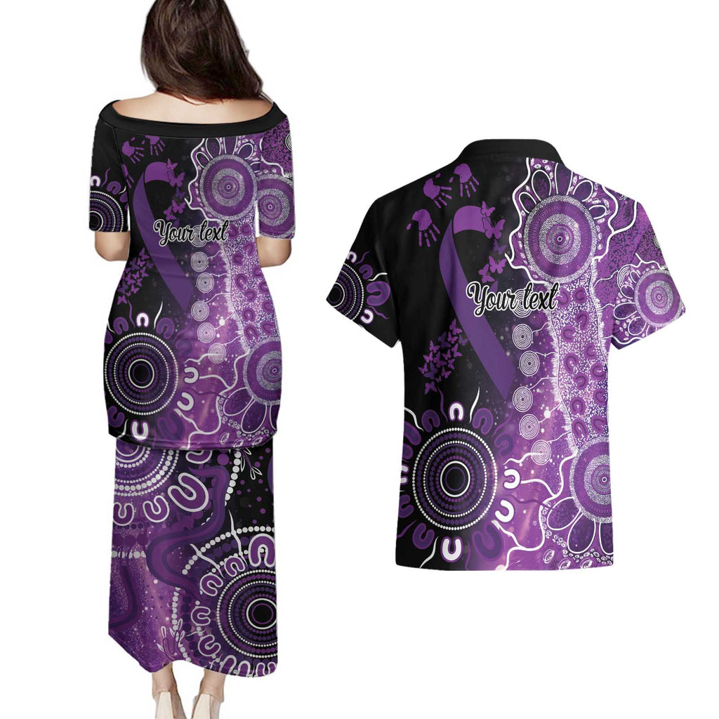 Domestic Violence Awareness Personalised Couples Matching Puletasi and Hawaiian Shirt Aboriginal Ribbon Dot Painting