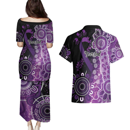 Domestic Violence Awareness Personalised Couples Matching Puletasi and Hawaiian Shirt Aboriginal Ribbon Dot Painting
