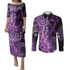 Domestic Violence Awareness Personalised Couples Matching Puletasi and Long Sleeve Button Shirt Aboriginal Ribbon Dot Painting